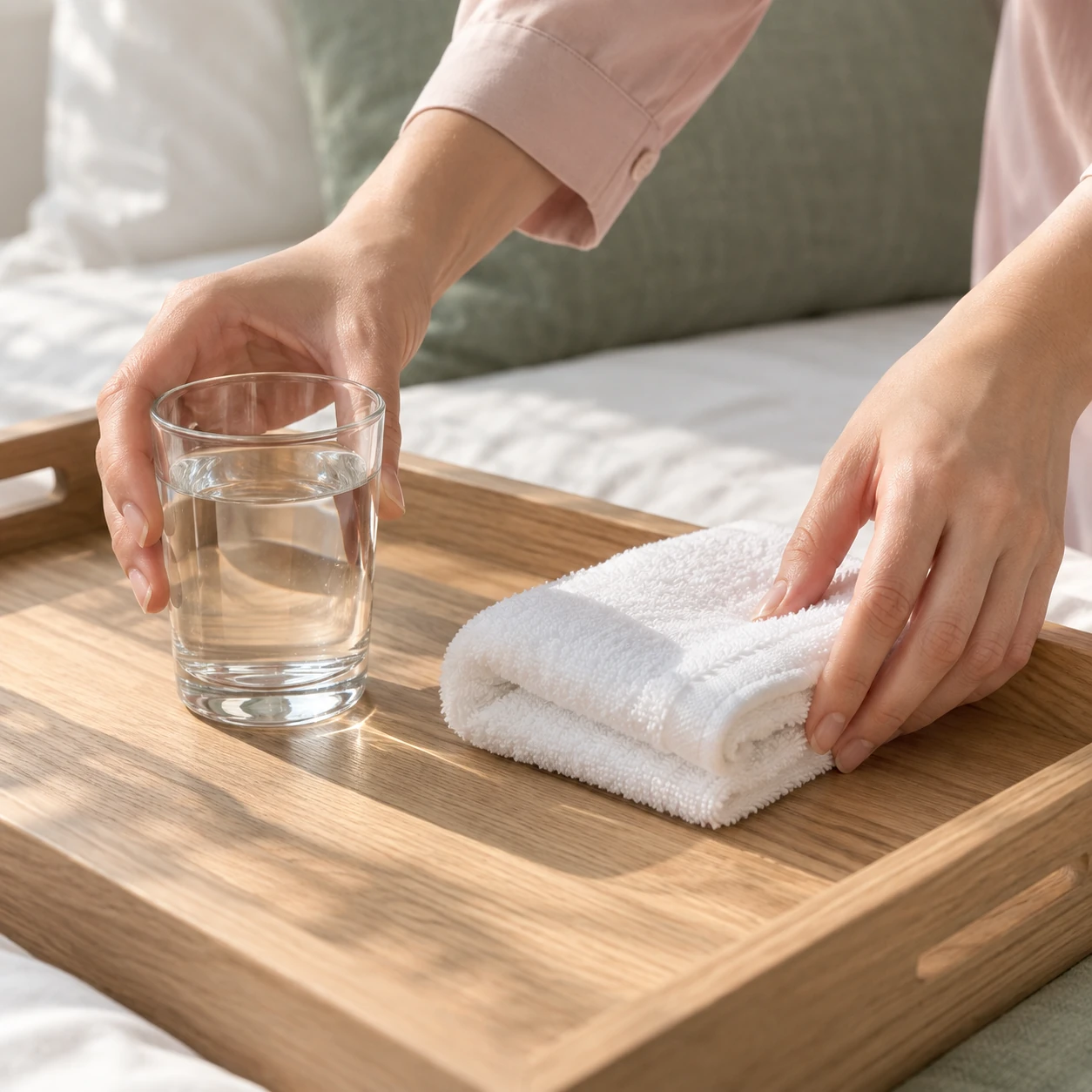 Careful hands arranging a glass of water and a fresh towel on a bedside tray.