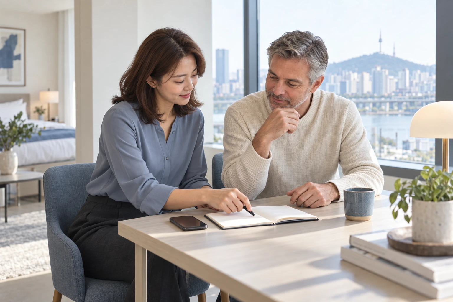 A care professional helping a guest organize practical plans in a notebook at his accommodation.